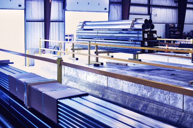 Marmon Keystone Stacks of metal pipes, tubes, and rectangular bars are organized inside a large industrial warehouse with concrete floors and yellow railings. Several cardboard boxes sit on top of some metal bars, ready for supply chain distribution.