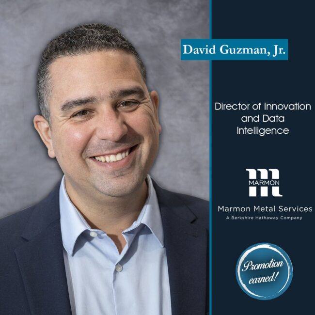 1732035129993 Marmon Keystone A man with short dark hair wearing a blue blazer and light blue shirt smiles at the camera. Text on the image identifies him as David Guzman, Jr., Director of Innovation and Data Intelligence at Marmon Metal Services, a leading metals distributor.