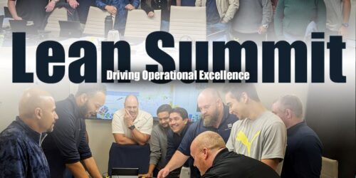 Marmon Keystone A group of around 20 people poses for a photo in an office setting above the bold text "Lean Summit: Driving Operational Excellence"; below, another group of supplychain professionals collaborates around a table with diagrams and materials.