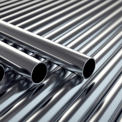 Marmon Keystone Several shiny metal tubes are arranged parallel on a metallic surface, with three tube pipes placed diagonally over the others. The image highlights their reflective, polished surfaces, showcasing premium metals for the supply chain distributor industry.
