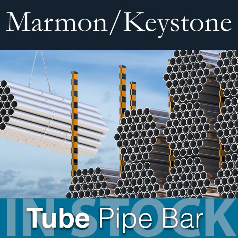post-1-1 Marmon Keystone Stacks of metal tubes and pipes are shown; one bundle is being lifted by a crane. The text reads "Marmon/Keystone," "Tube Pipe Bar," "In Stock," emphasizing their role as a reliable tube pipe bar distributor in the metals supplychain.