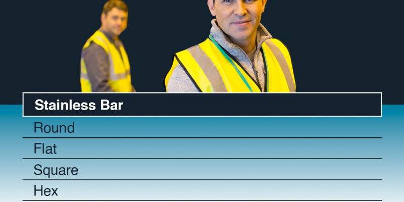 post-1-11 Marmon Keystone Two men in yellow safety vests stand before a Marmon/Keystone sign. A chart lists stainless bar shapes, with text below promoting stainless bar and tube supply. Contact the sales team to connect with a trusted metals distributor.