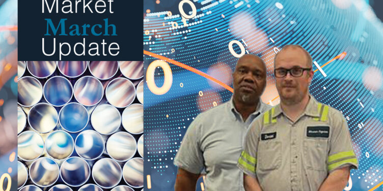 post-1-6 Marmon Keystone Two men stand in front of a background with stock market graphics. On the left, a panel reads “Market March Update” above an abstract image of metal pipes—highlighting trends in the metals supplychain and distributor market.