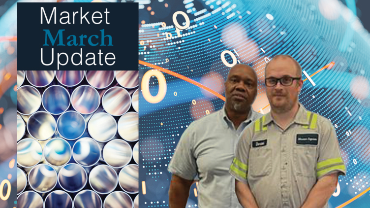 post-1-6 Marmon Keystone Two men stand in front of a background with stock market graphics. On the left, a panel reads “Market March Update” above an abstract image of metal pipes—highlighting trends in the metals supplychain and distributor market.