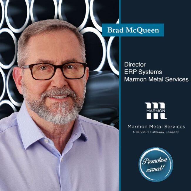 post-1-9 Marmon Keystone A man with glasses and a beard is smiling in front of a metallic, circular patterned background. Text reads: "Brad McQueen, Director ERP Systems, Marmon Metal Services—leading metals supply chain. Promotion earned! Marmon Metal Services logo included.