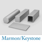 Marmon Keystone Four metal bars in different shapes—cylindrical, rectangular solid, square tube, and flat bar—are arranged on a plain background, highlighting Marmon/Keystone as a leading metals distributor. The company logo is displayed below.